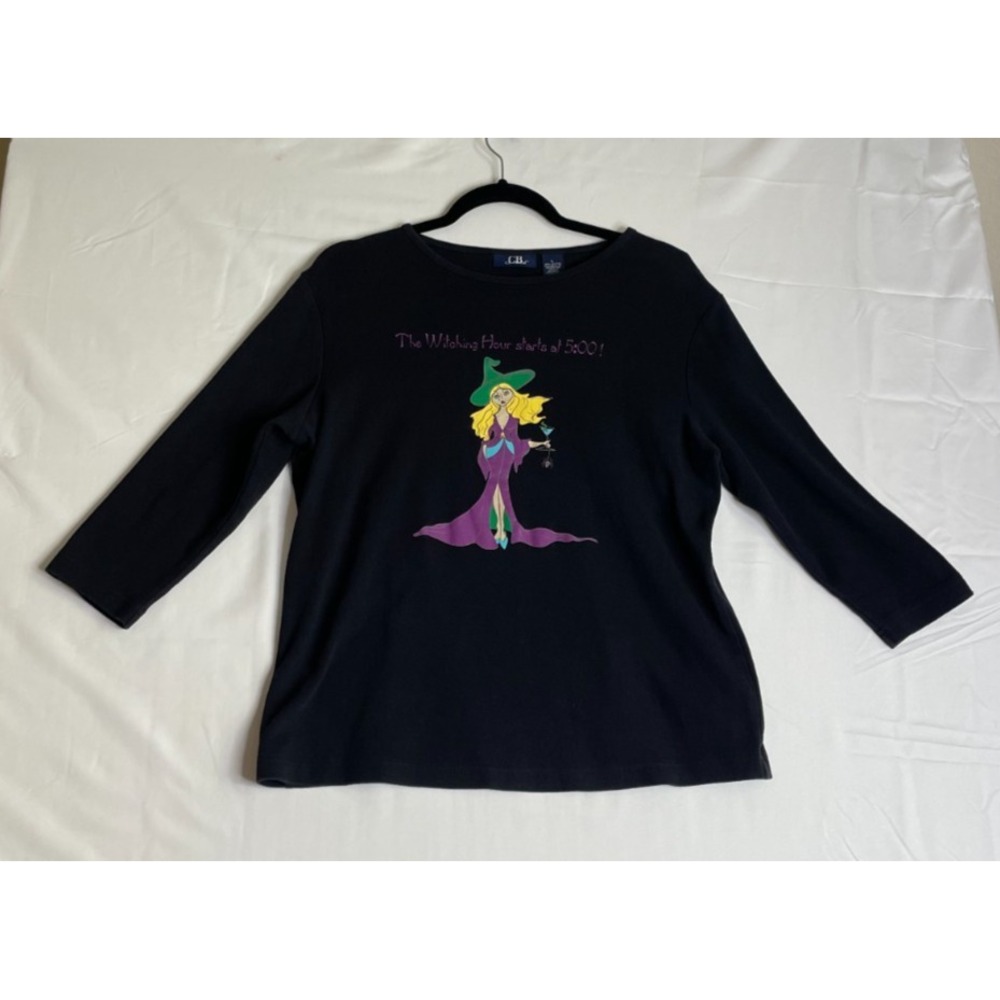 C.B. Casual Womens L Shirt Black Witching Hour Halloween 3/4 Sleeve Graphic Tee